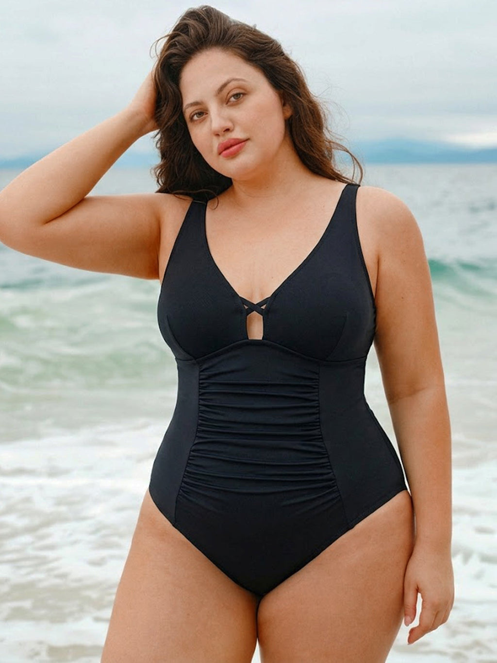 Black Ruched Cutout Tummy Control Plus Size One Piece Swimsuit