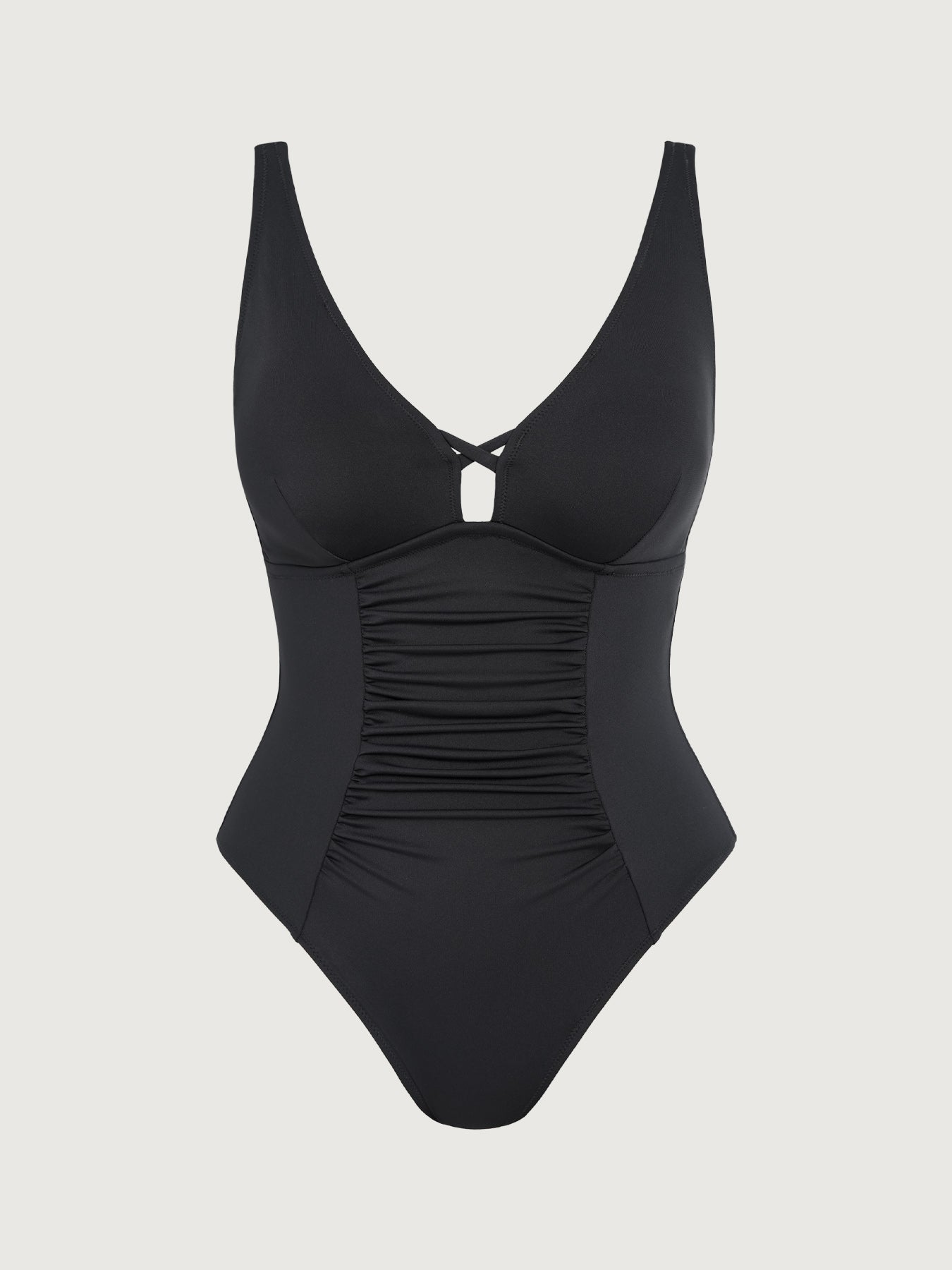 Black Ruched Cutout Tummy Control Plus Size One Piece Swimsuit