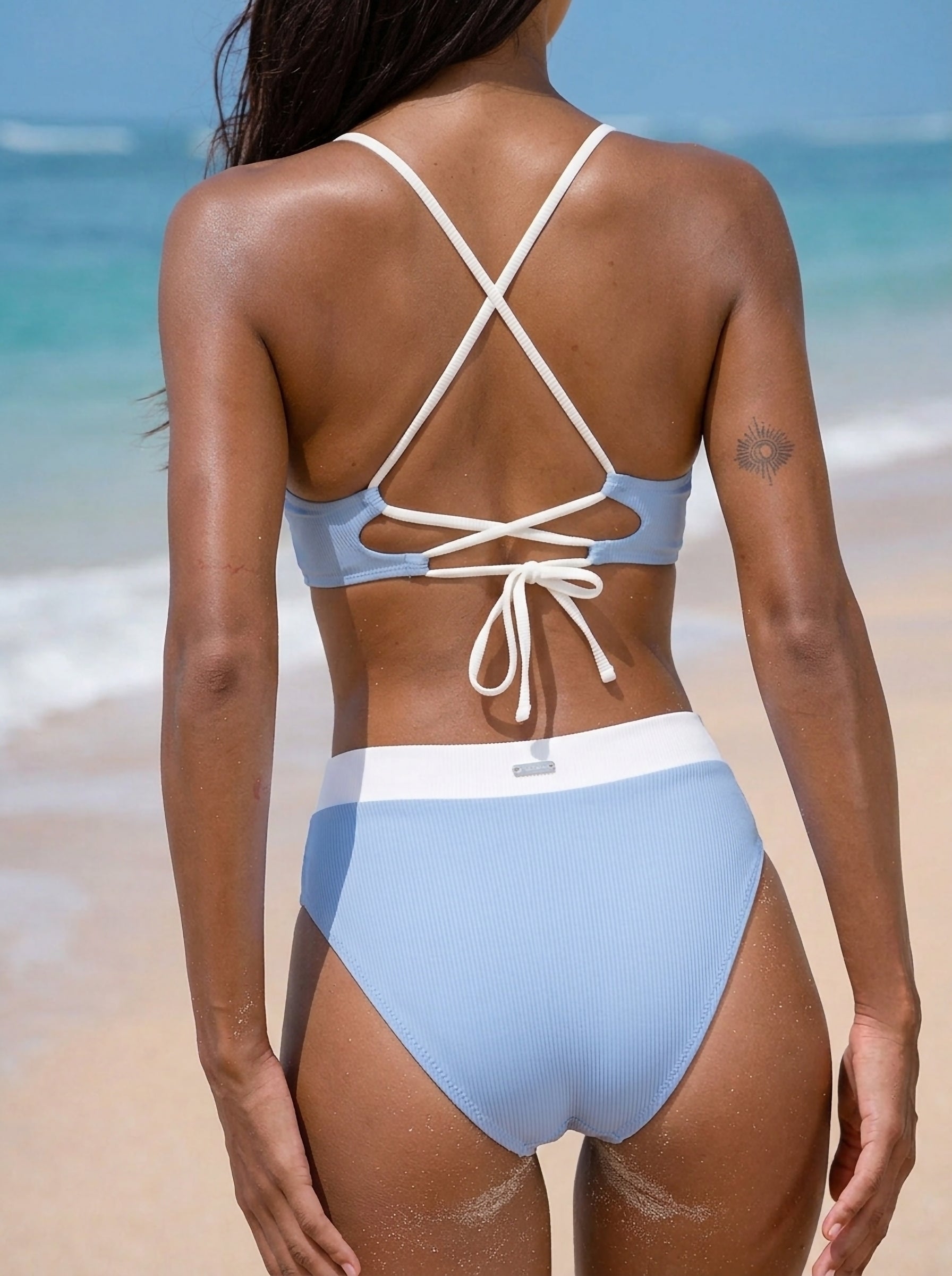 Blue Contrast High Waisted Bikini Bottom