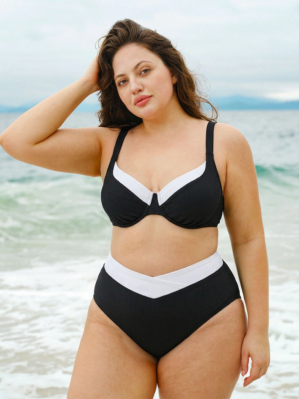 Black Contrast V Cut Plus Size Bikini Bottom