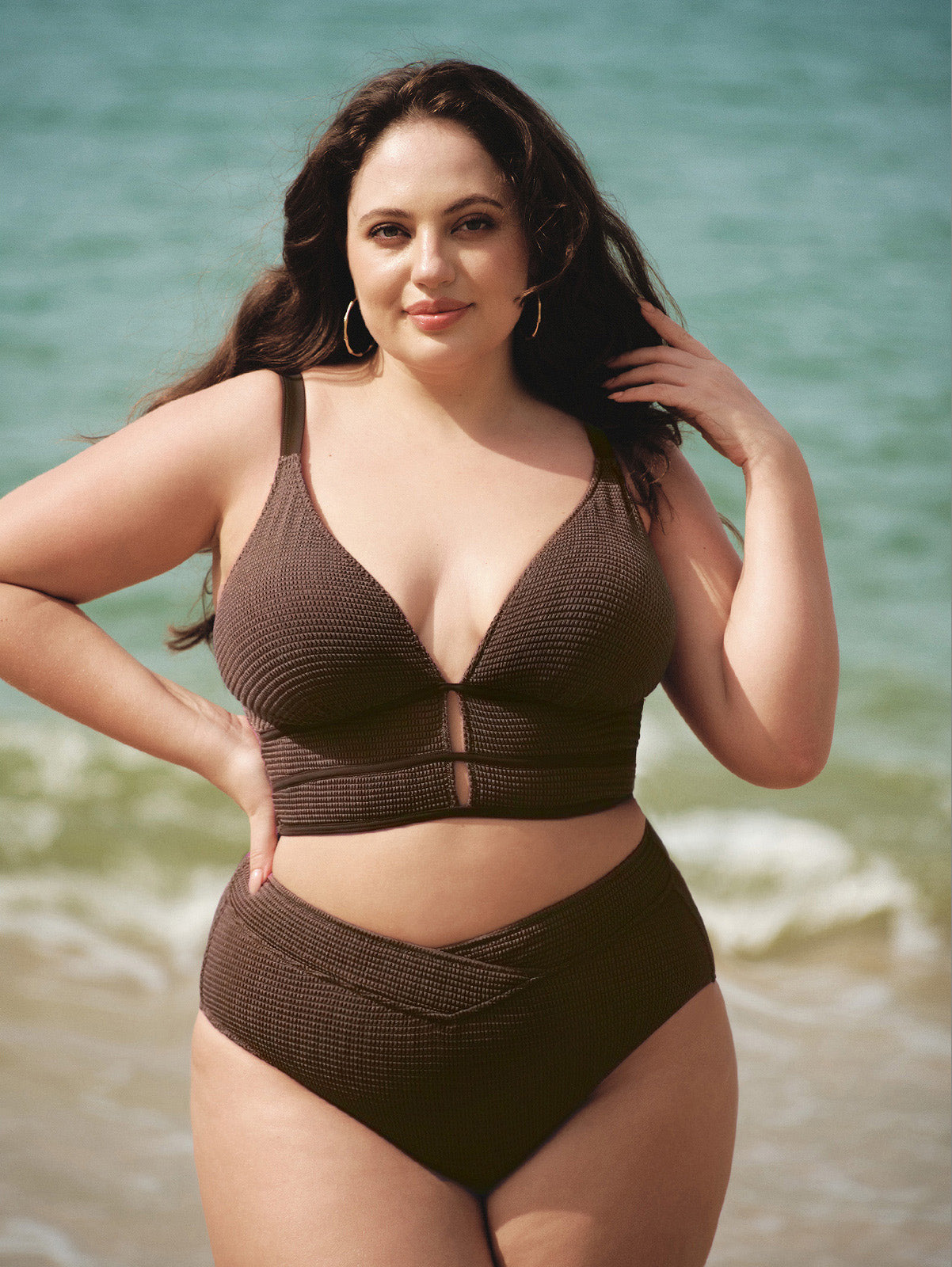 Dark Coffee Textured V Cut Plus Size Tankini Bottom