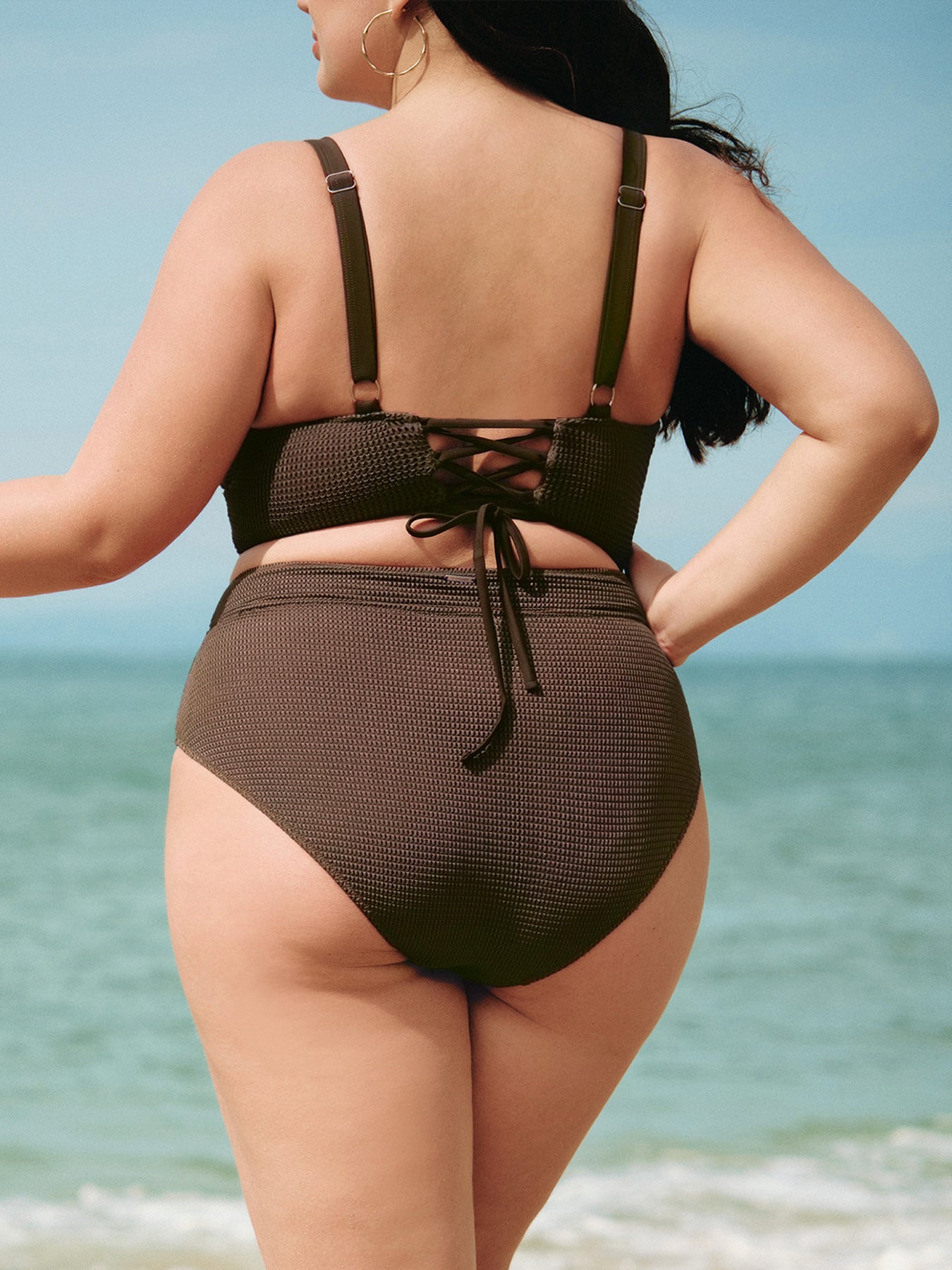 Dark Coffee Textured V Cut Plus Size Tankini Bottom
