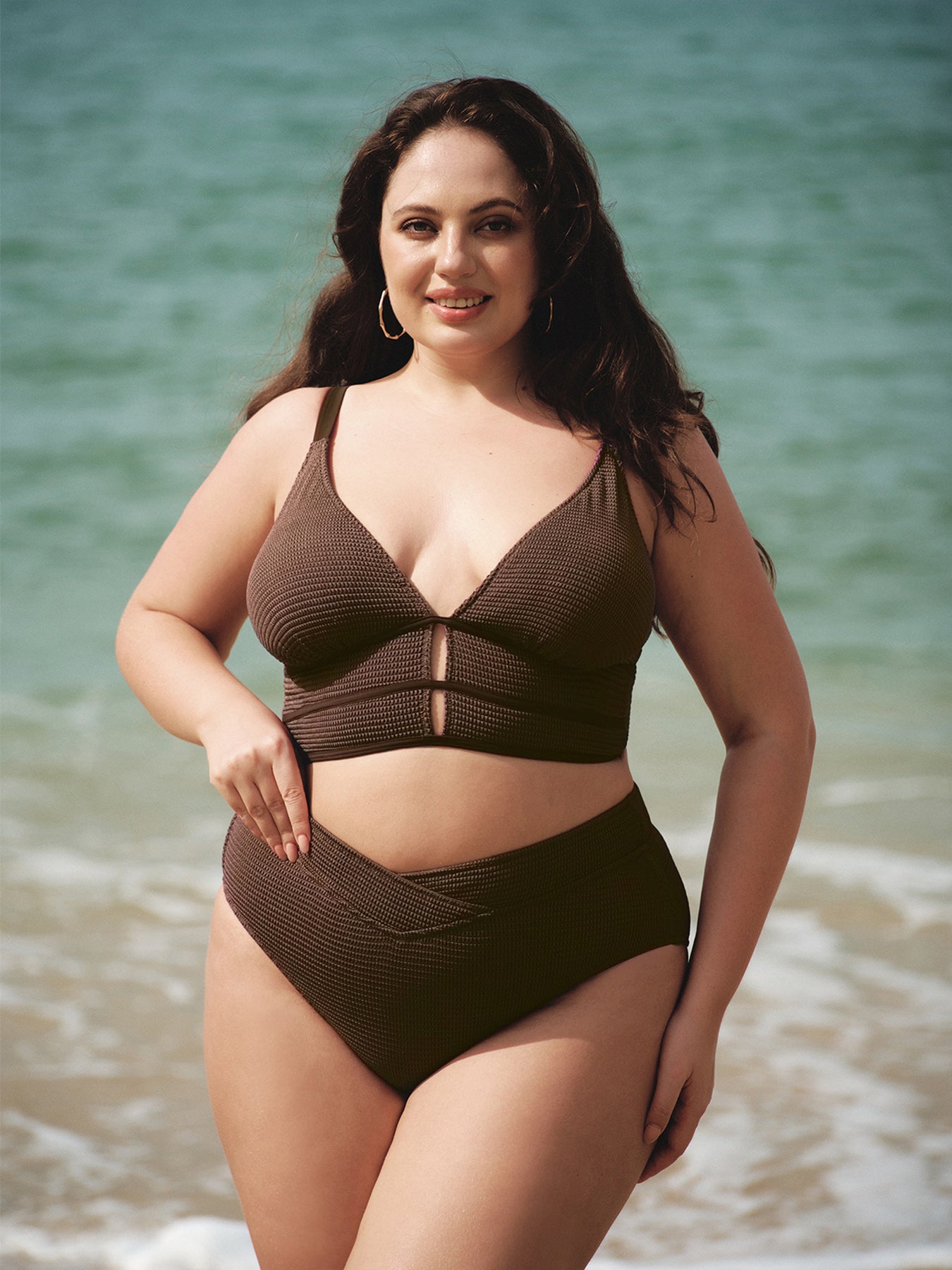 Dark Coffee Textured V Cut Plus Size Tankini Bottom