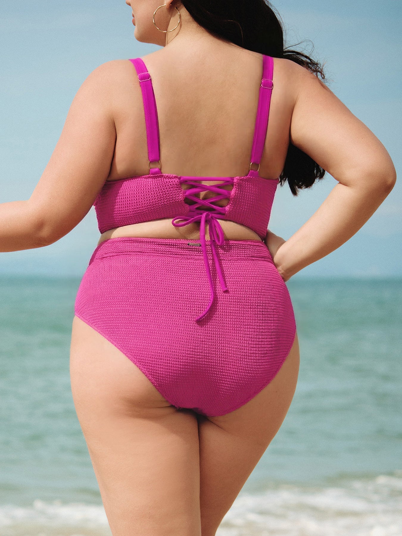 Pink Textured V Cut Plus Size Tankini Bottom