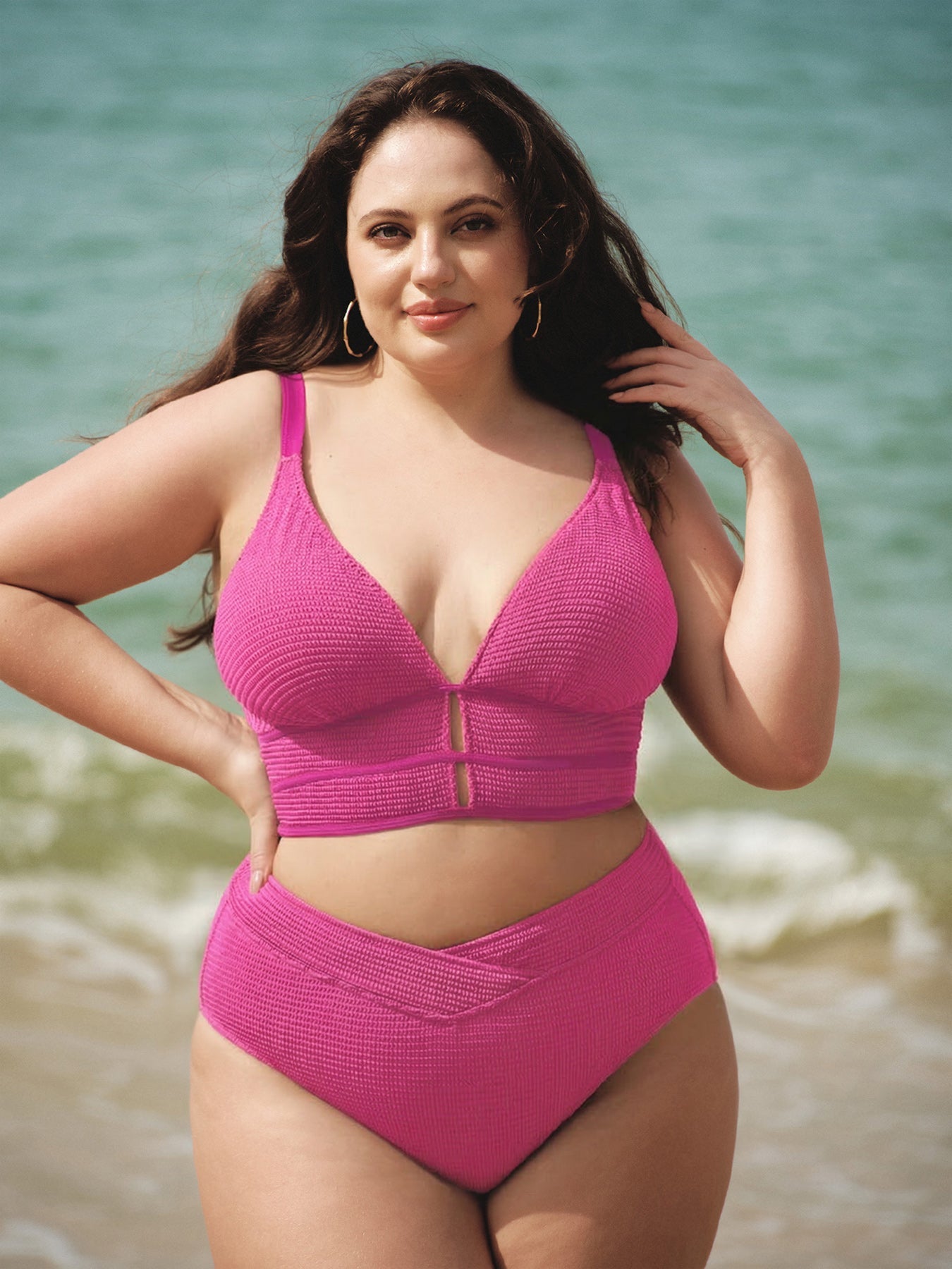 Pink Textured V Cut Plus Size Tankini Bottom