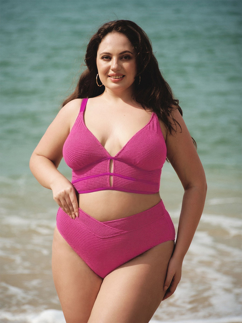 Pink Textured V Cut Plus Size Tankini Bottom
