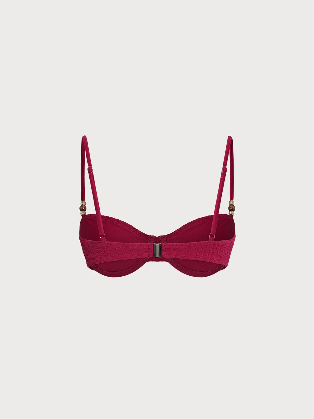 Red Textured Ruched Bead-Embellished Bikini Top