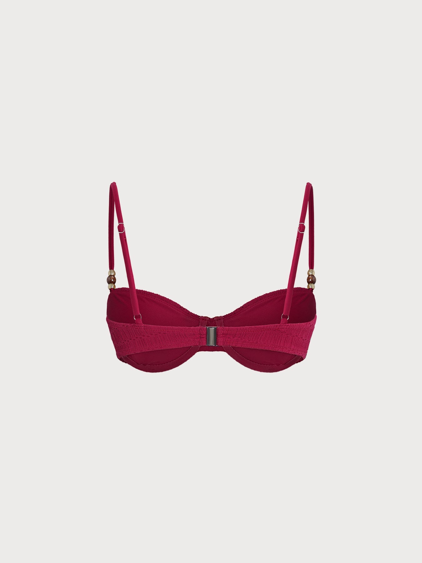 Red Textured Ruched Bead-Embellished Bikini Top