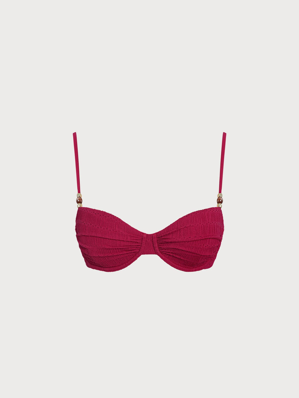 Red Textured Ruched Bead-Embellished Bikini Top