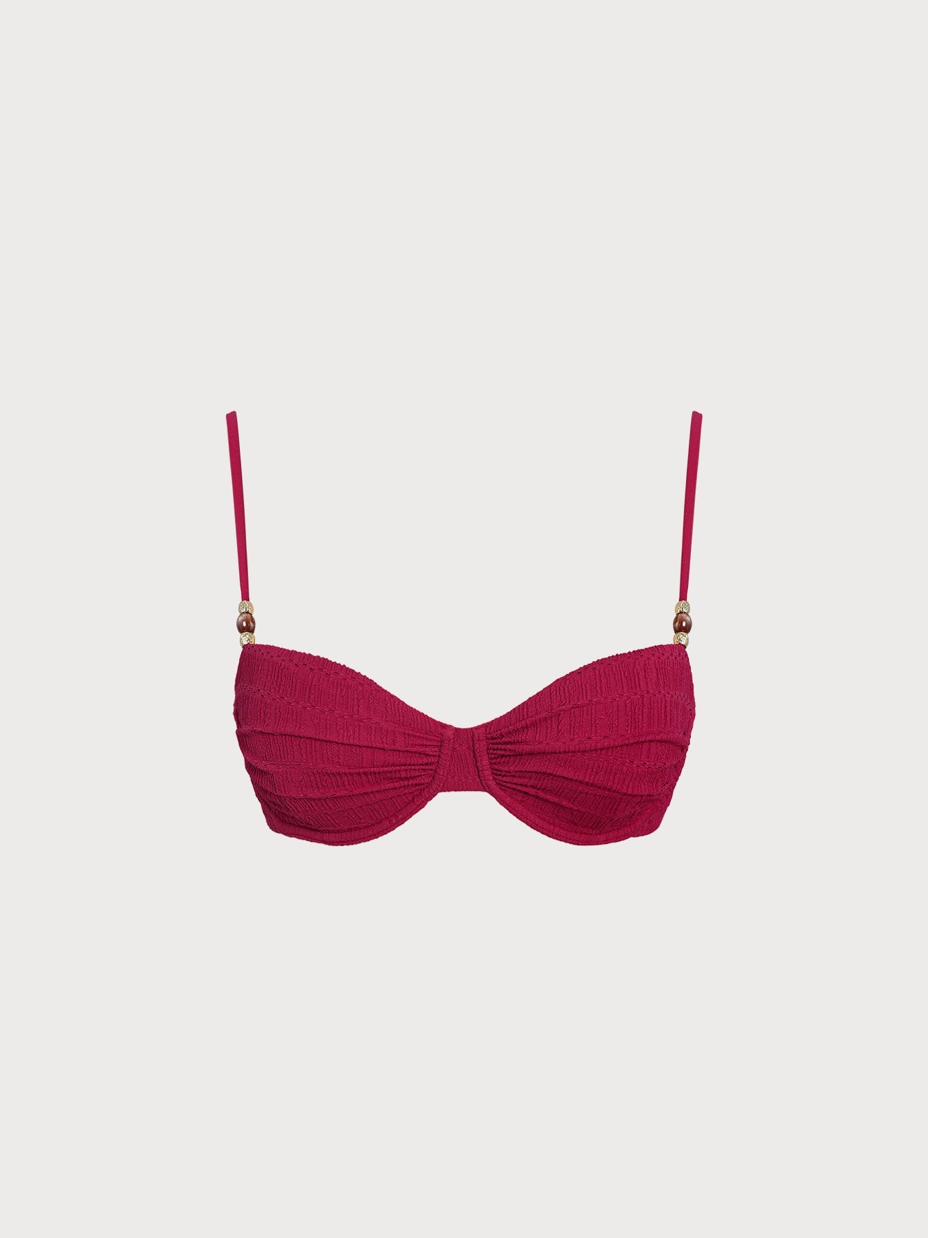 Red Textured Ruched Bead-Embellished Bikini Top