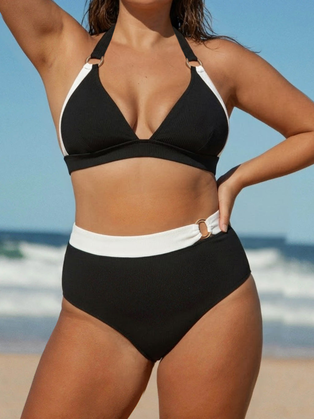 Black Strappy Halter Plus Size Bikini Top