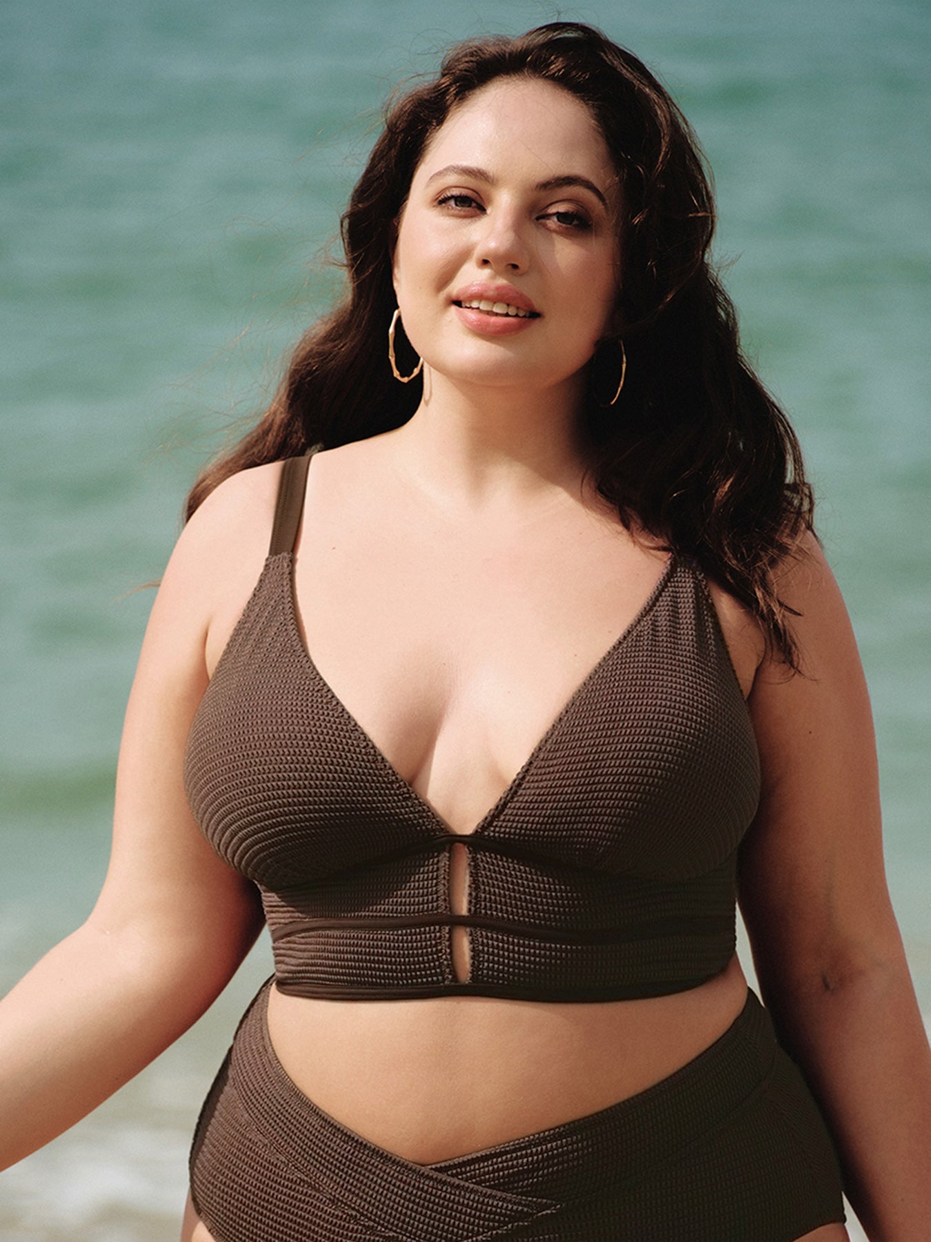 Dark Coffee Textured V Neck Plus Size Tankini Top