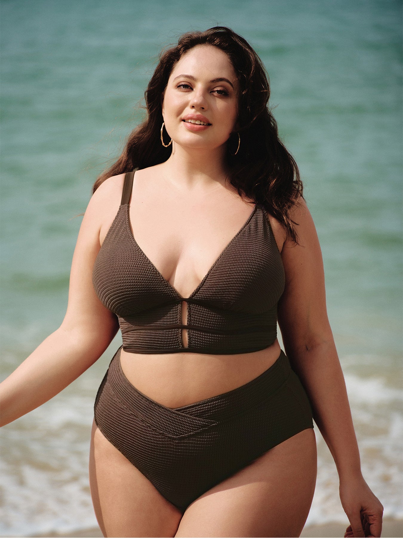 Dark Coffee Textured V Neck Plus Size Tankini Top