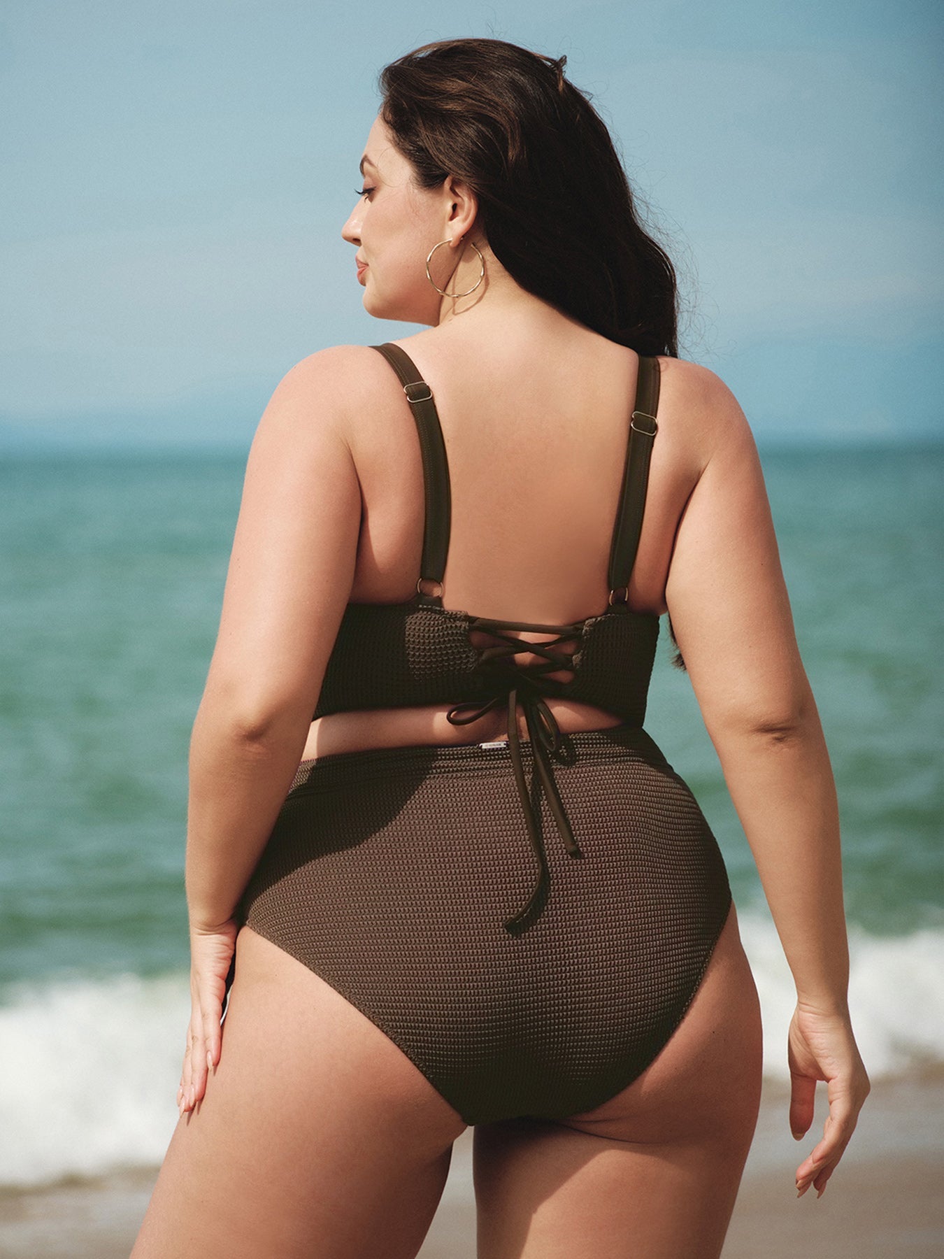 Dark Coffee Textured V Neck Plus Size Tankini Top
