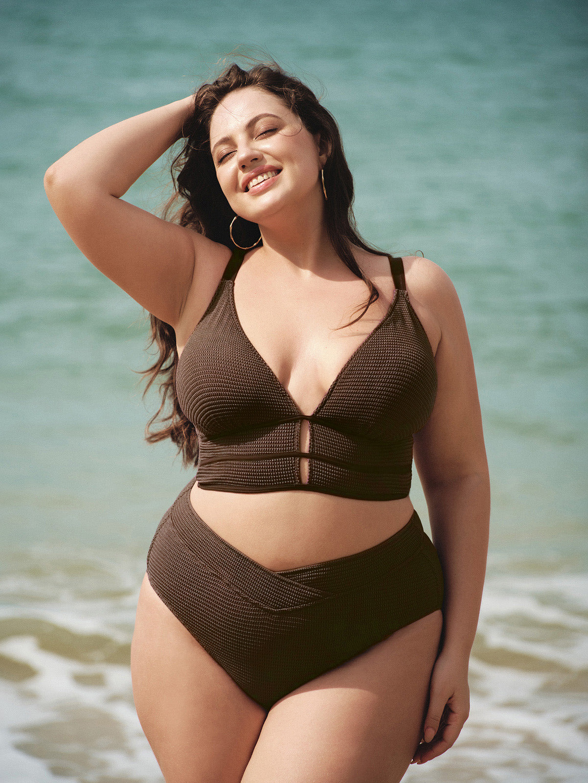 Dark Coffee Textured V Neck Plus Size Tankini Top