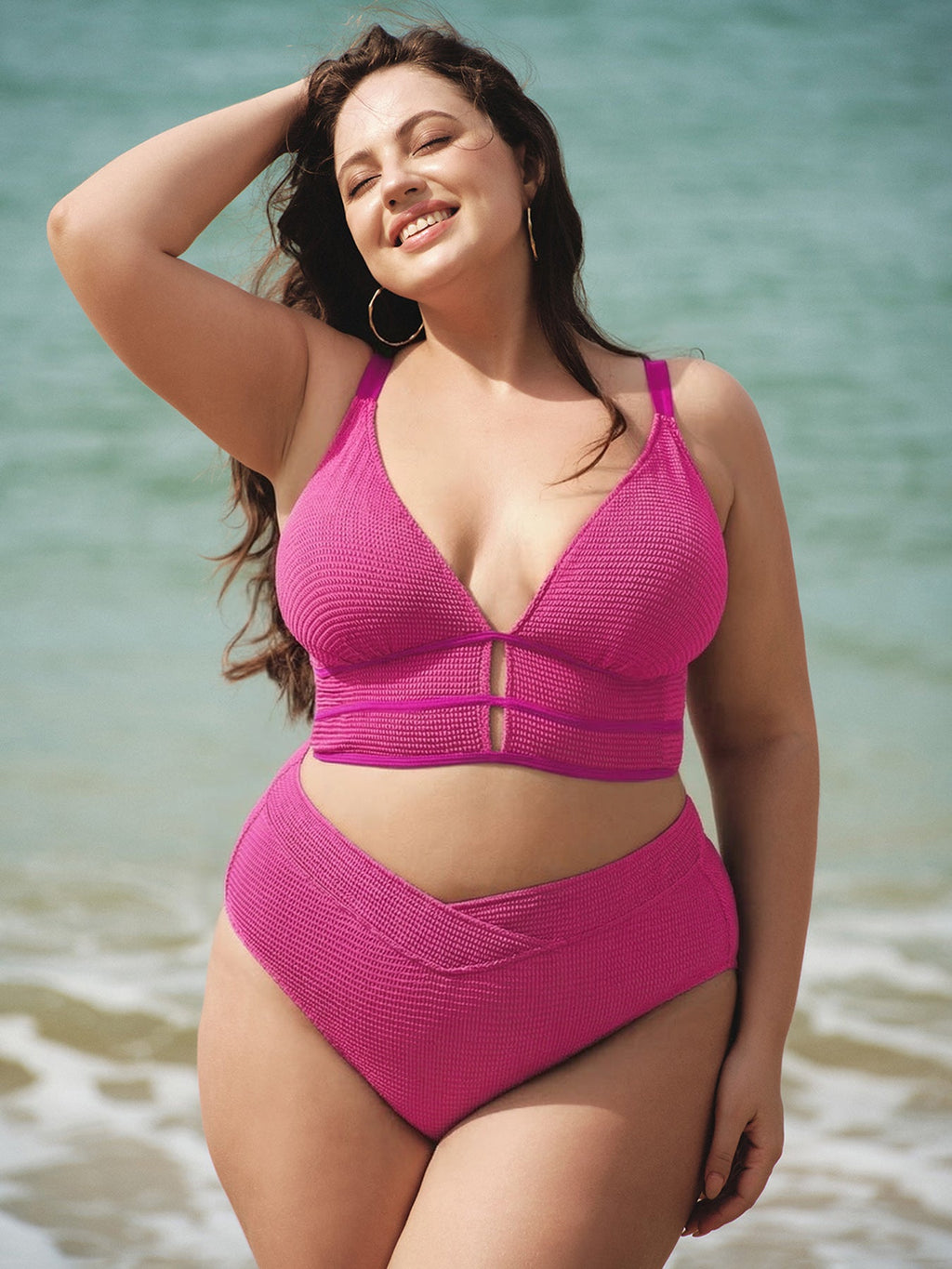 Pink Textured V Neck Plus Size Tankini Top