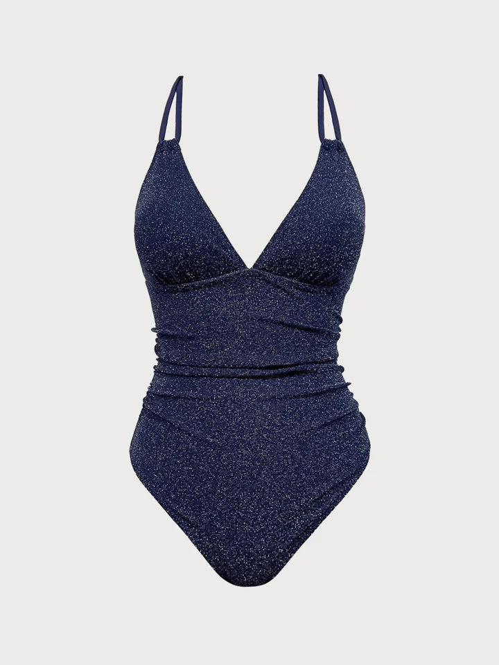 Blue Lurex V-Neck One Piece Swimwear-Available In Long Torso