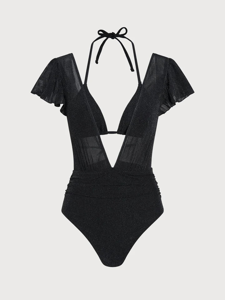 Black Lurex V Neck Tie One-Piece Swimsuit