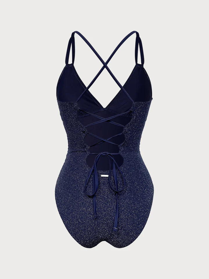 Blue Lurex V-Neck One Piece Swimwear-Available In Long Torso
