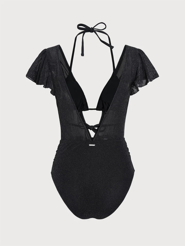 Black Lurex V Neck Tie One-Piece Swimsuit