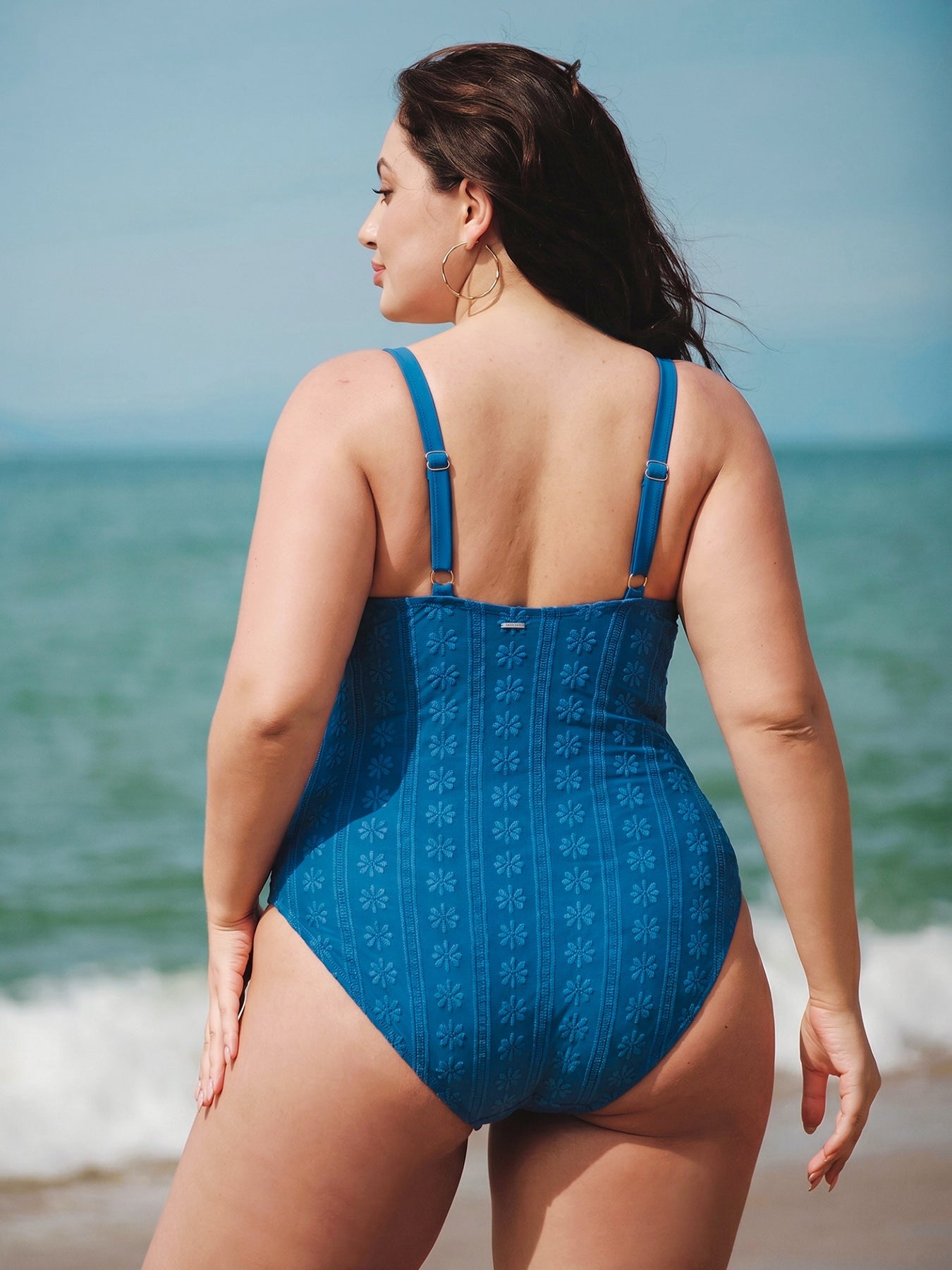 Blue Jacquard O-Ring Plus Size One-Piece Swimsuit