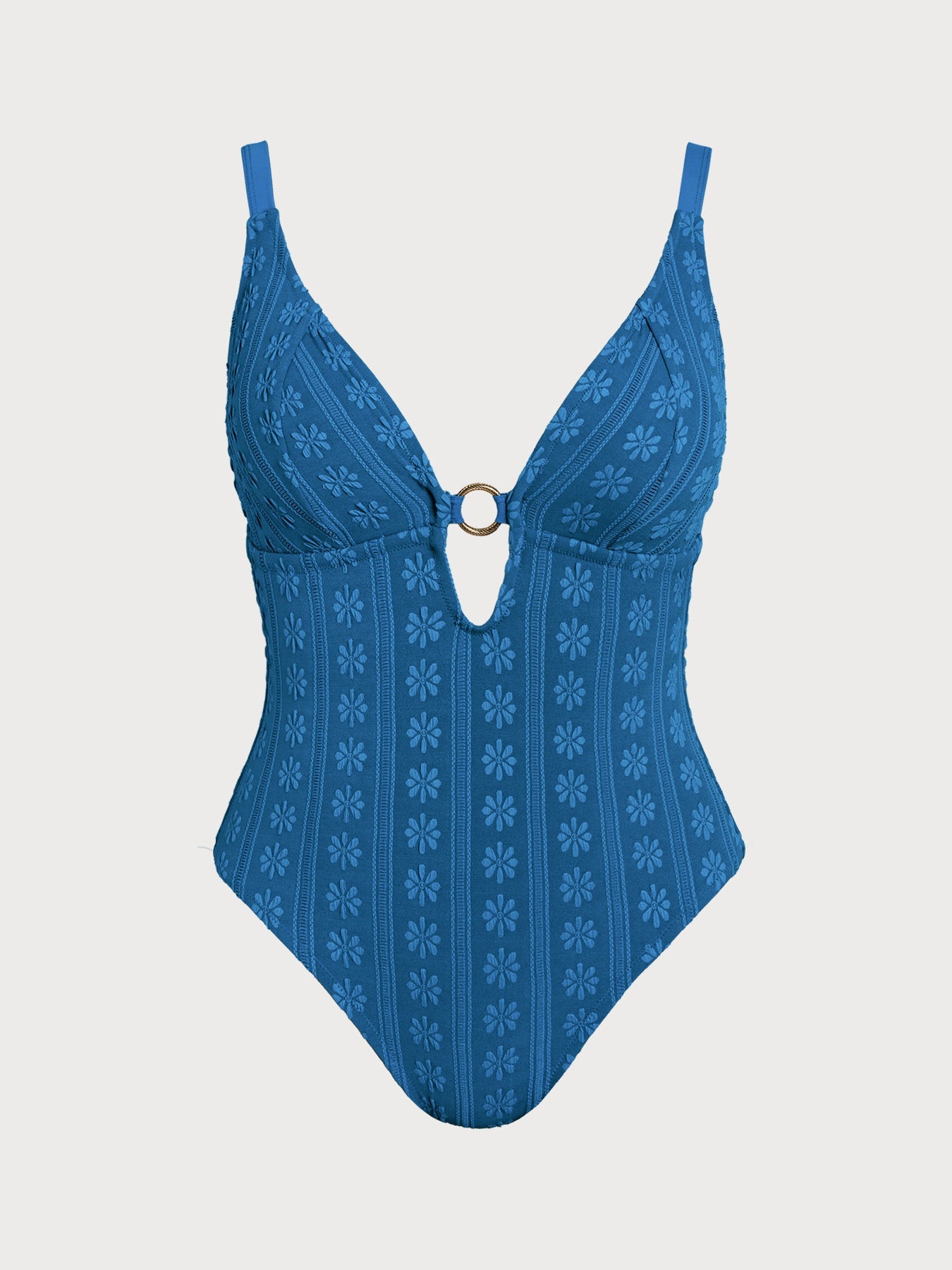 Blue Jacquard O-Ring Plus Size One-Piece Swimsuit