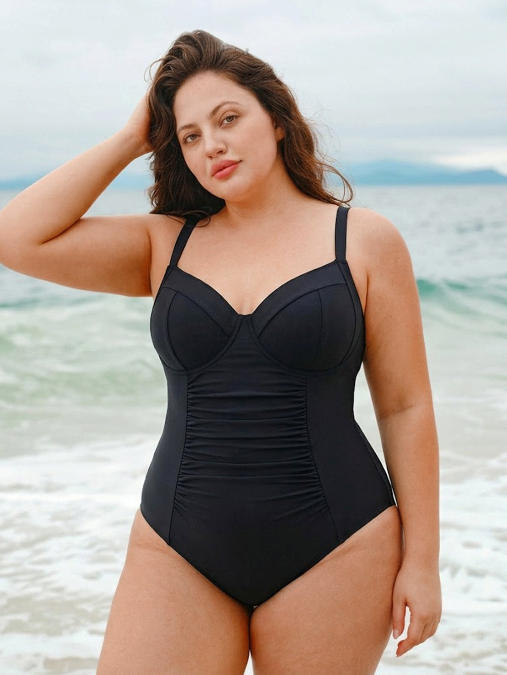 Black Ruched Tummy Control Plus Size One Piece Swimsuit