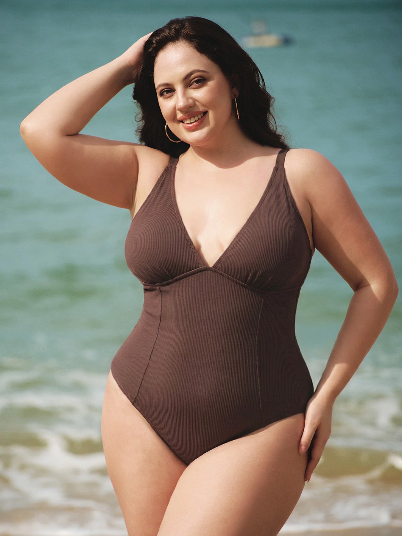 Coffee X-Cross Plus Size One-Piece Swimsuit