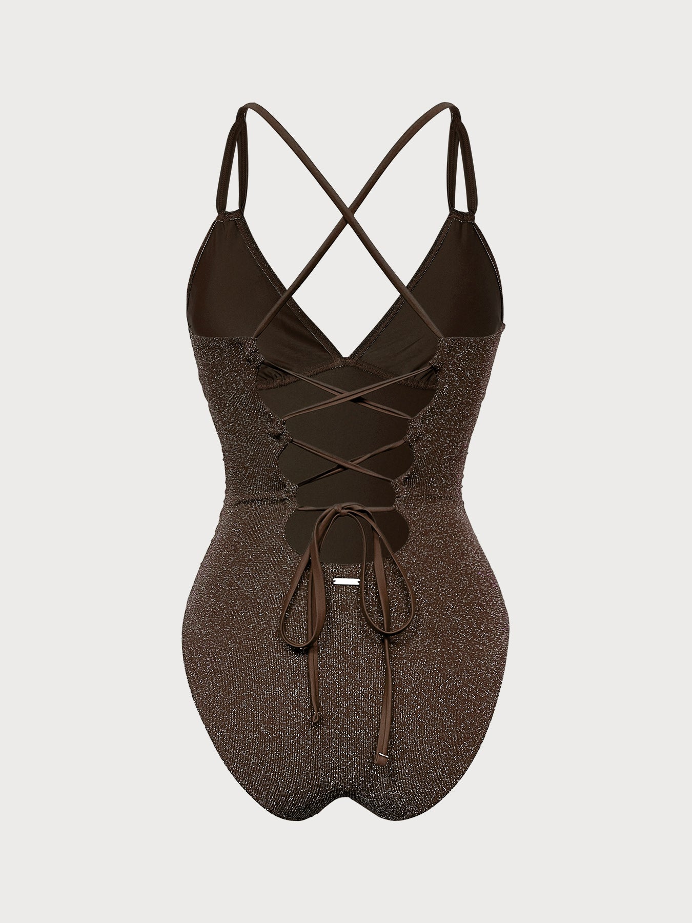 Dark Coffee Lurex V-Neck One Piece Swimwear