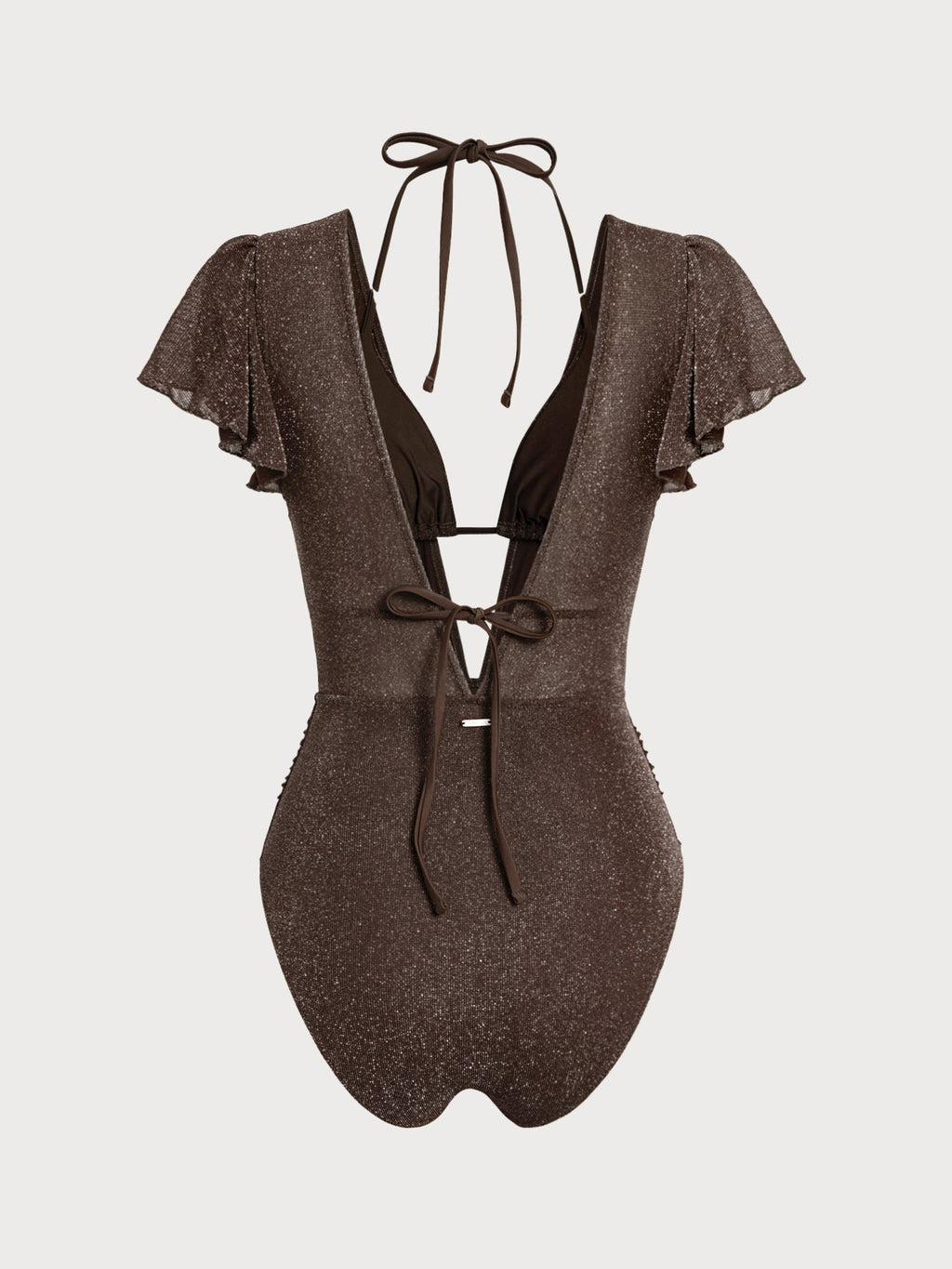 Dark Coffee Lurex V Neck Tie One-Piece Swimsuit