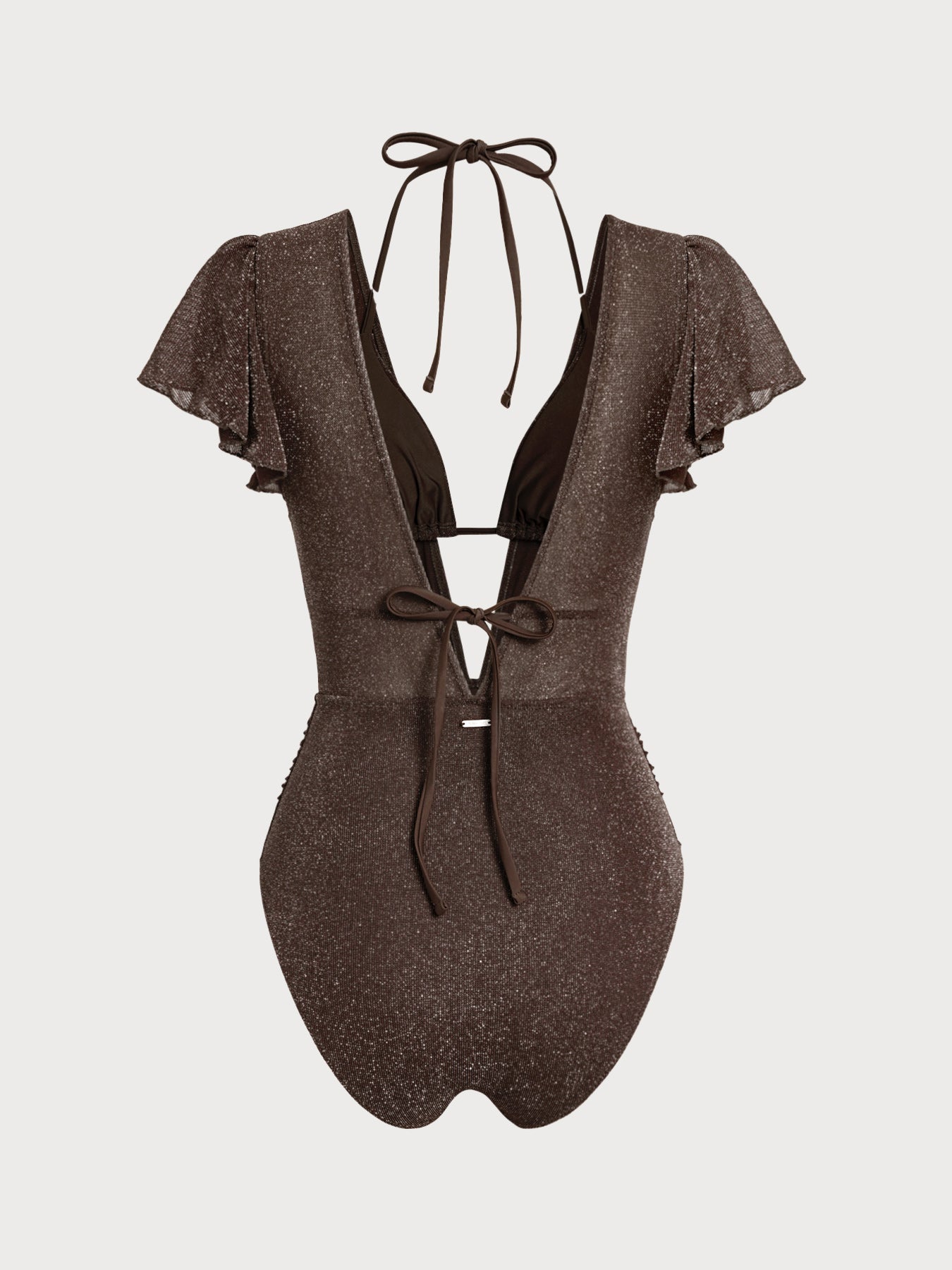 Dark Coffee Lurex V Neck Tie One-Piece Swimsuit