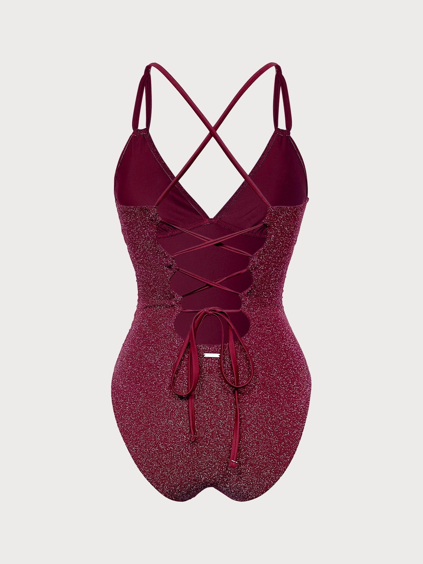 Wine Red Lurex V-Neck One Piece Swimwear