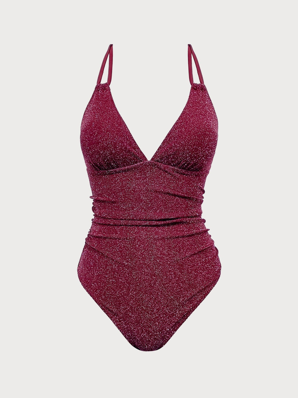 Wine Red Lurex V-Neck One Piece Swimwear