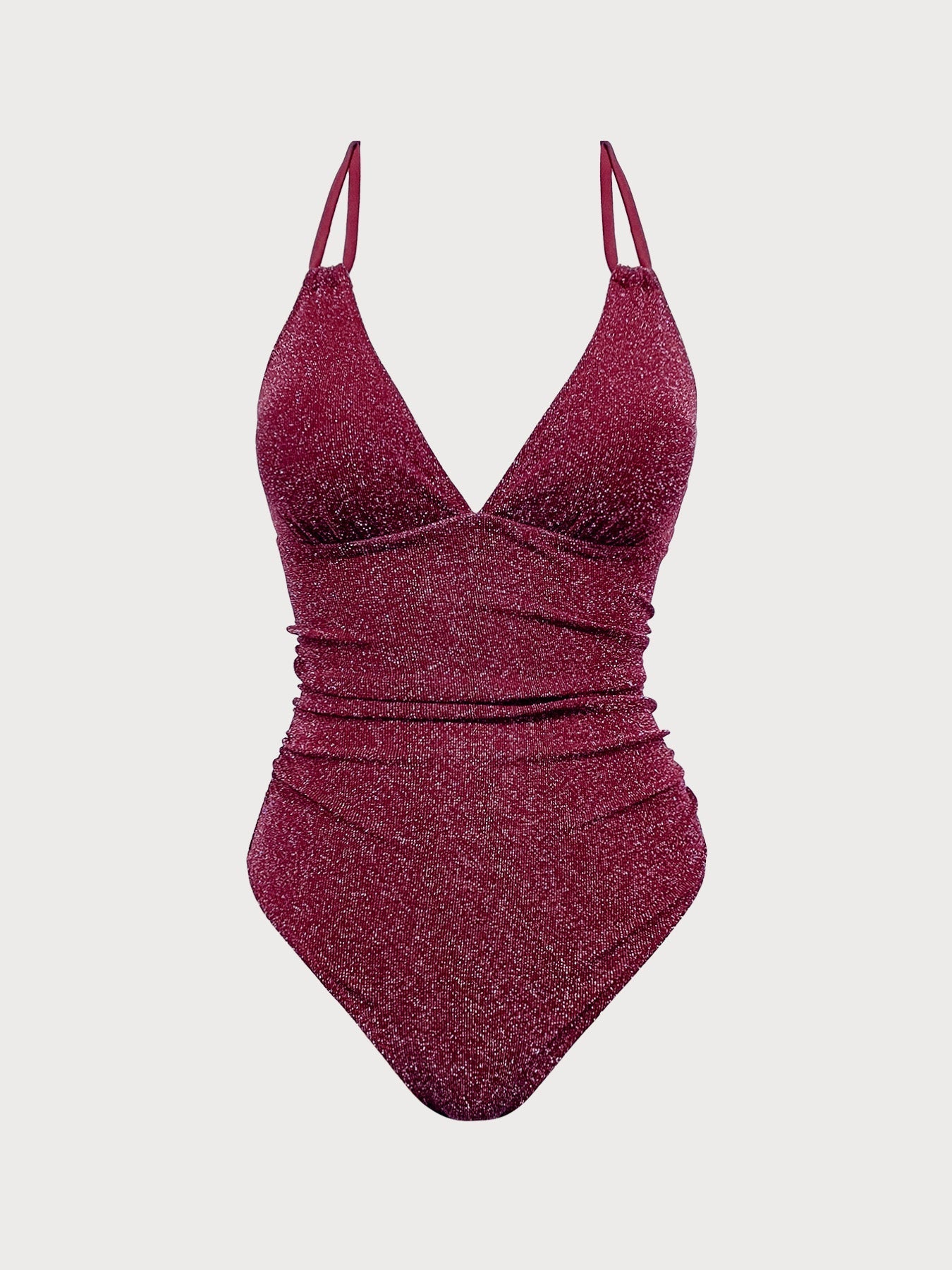 Wine Red Lurex V-Neck One Piece Swimwear