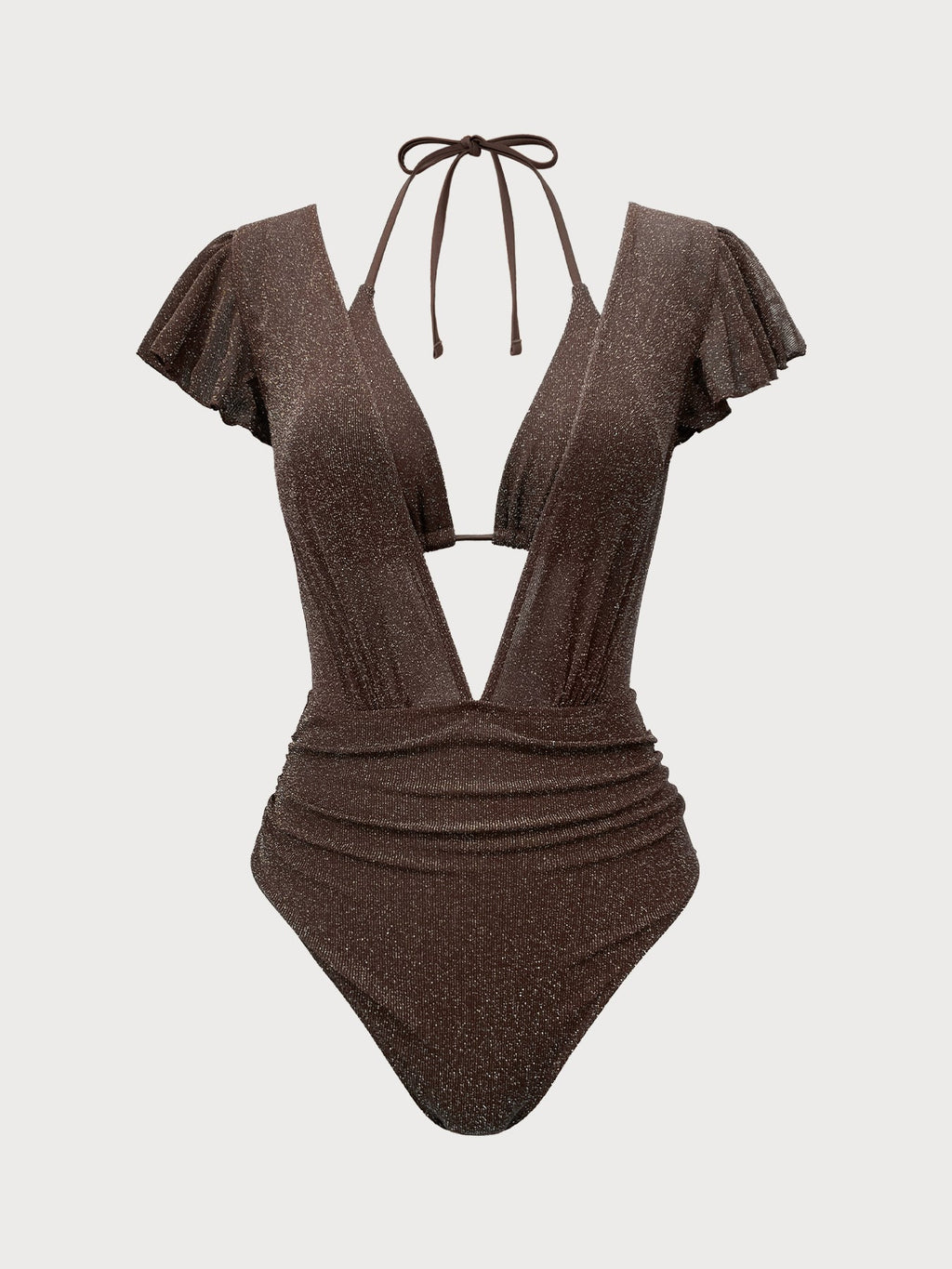 Dark Coffee Lurex V Neck Tie One-Piece Swimsuit
