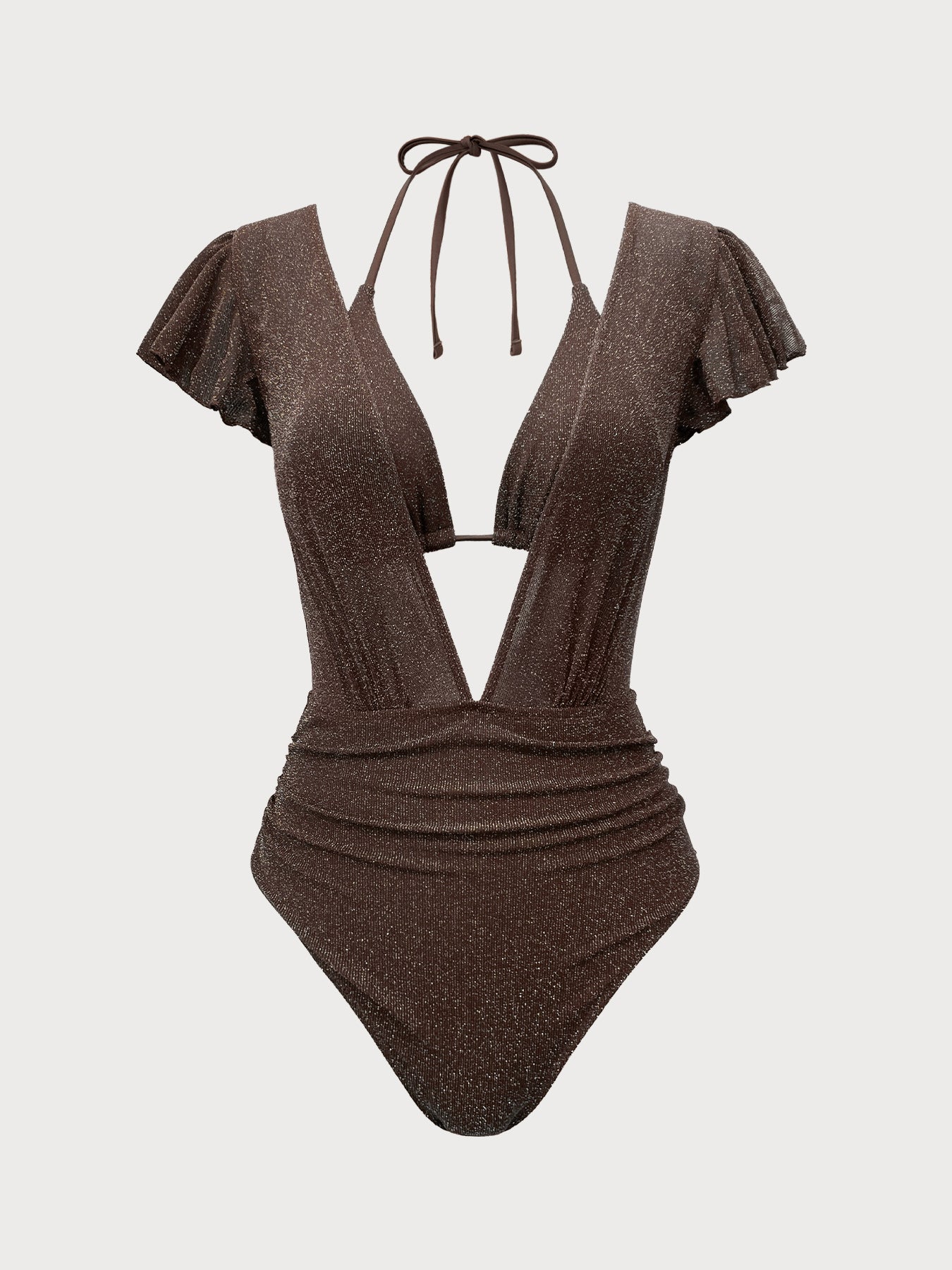 Dark Coffee Lurex V Neck Tie One-Piece Swimsuit