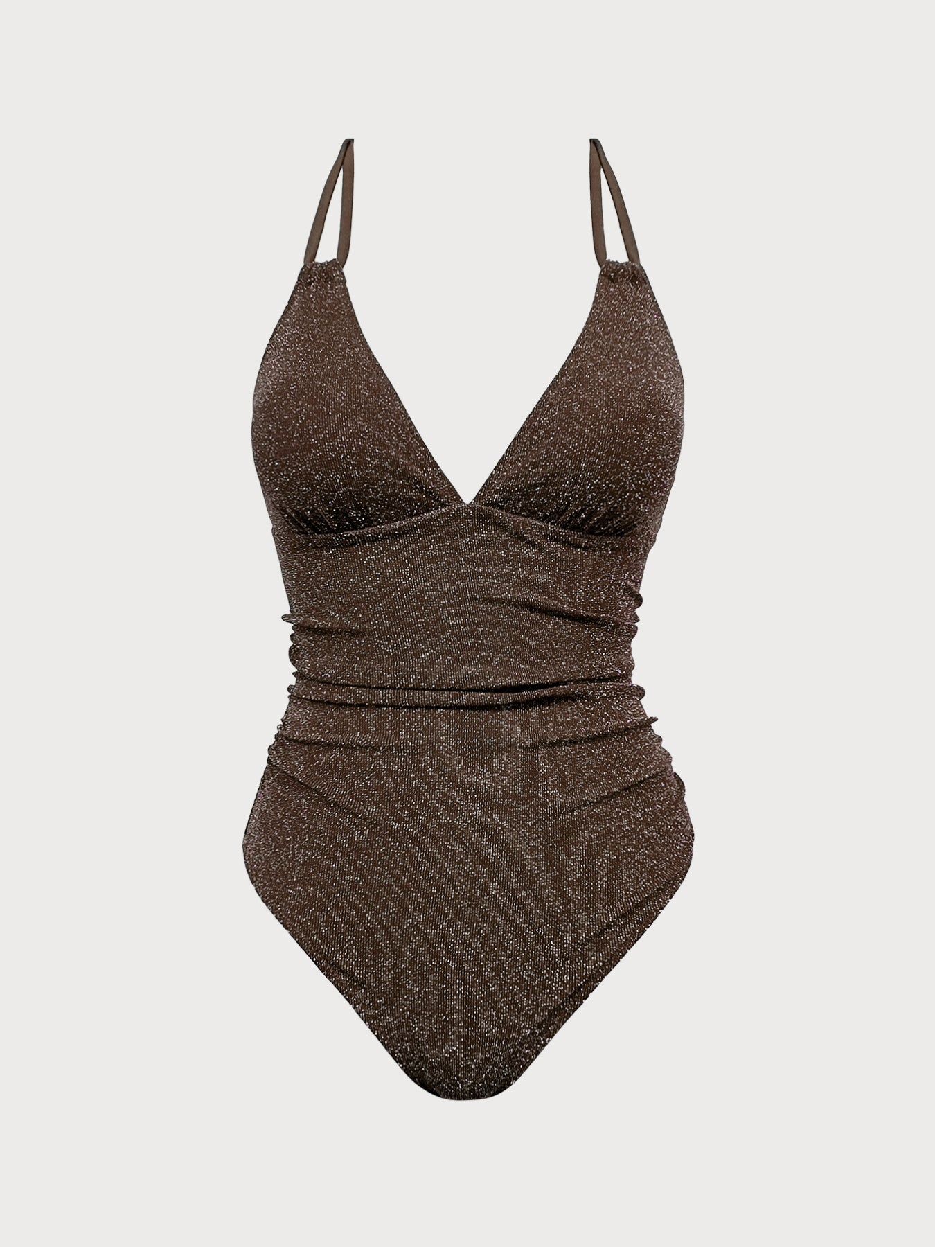 Dark Coffee Lurex V-Neck One Piece Swimwear