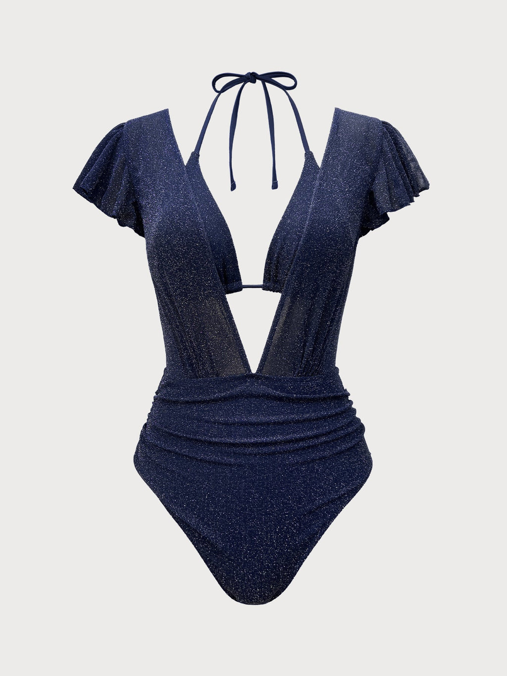 Blue Lurex V Neck Tie One-Piece Swimsuit