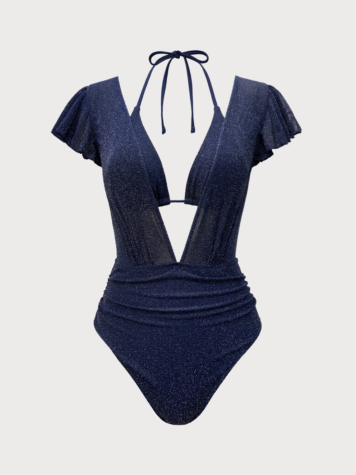 Blue Lurex V Neck Tie One-Piece Swimsuit