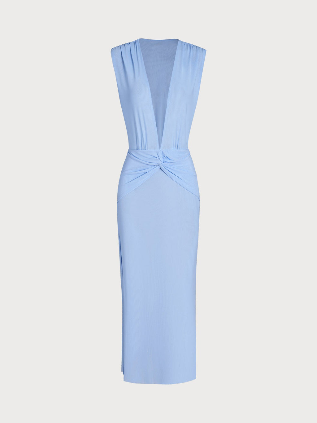 Blue Deep V-Neck Knotted Mesh Cover-up Dress