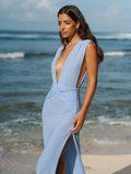 Blue Deep V-Neck Knotted Mesh Cover-up Dress