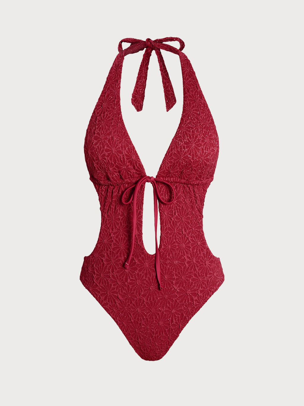 Wine Red Tie-Front Cutout One-Piece Swimsuit