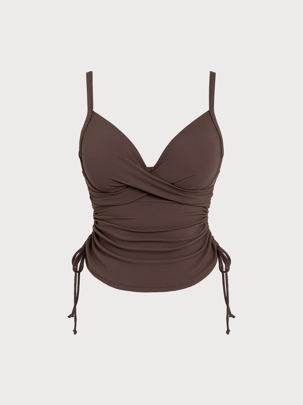 Coffee Ribbed Ruched Tie Side Plus Size Tankini Top