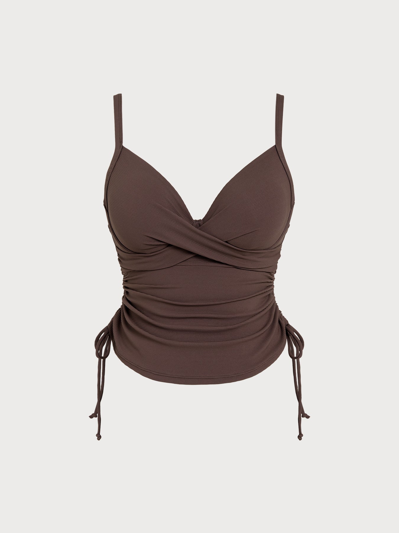 Coffee Ribbed Ruched Tie Side Plus Size Tankini Top