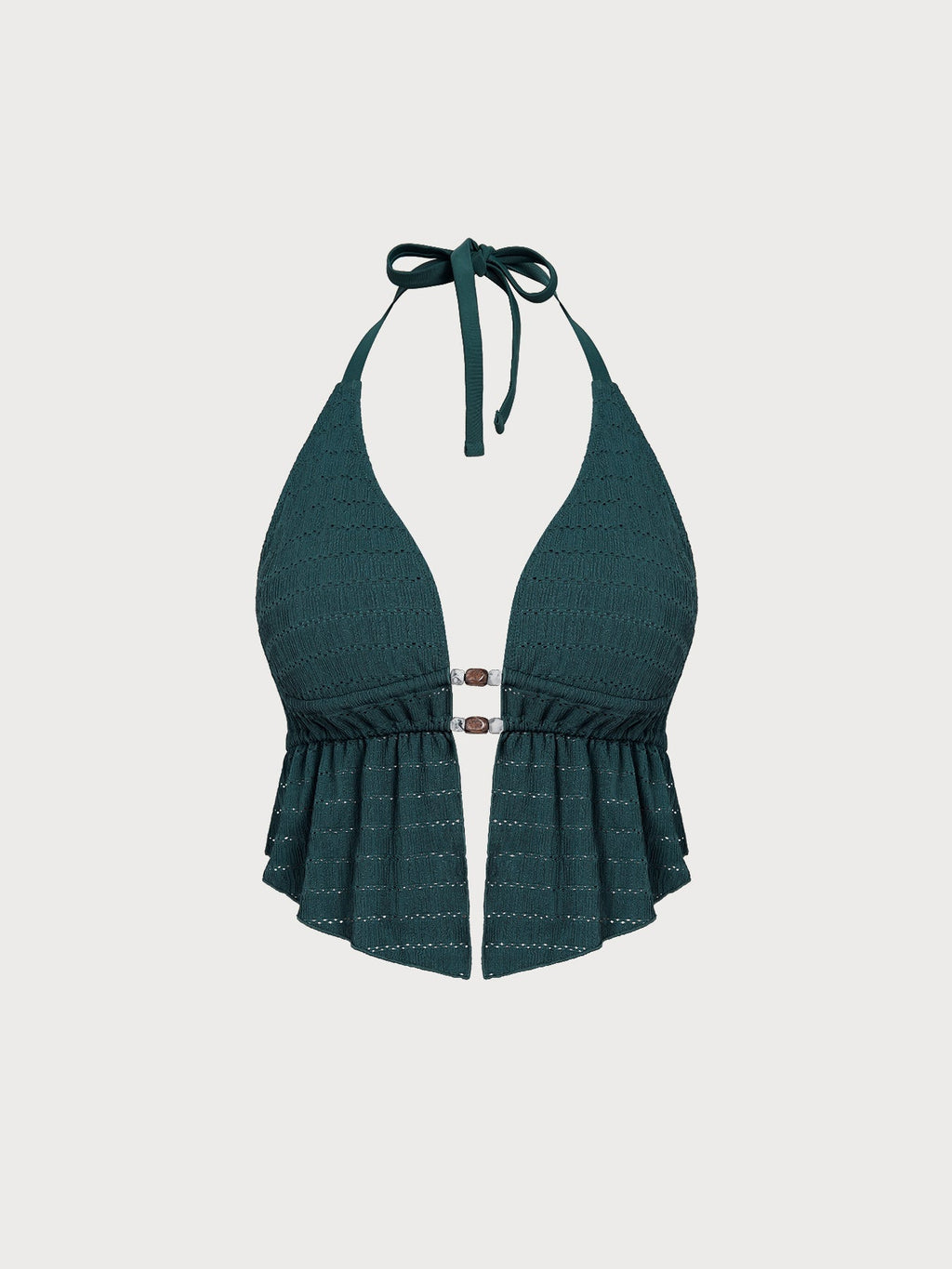 Dark Green Textured Halter Plus Size Tankini Top