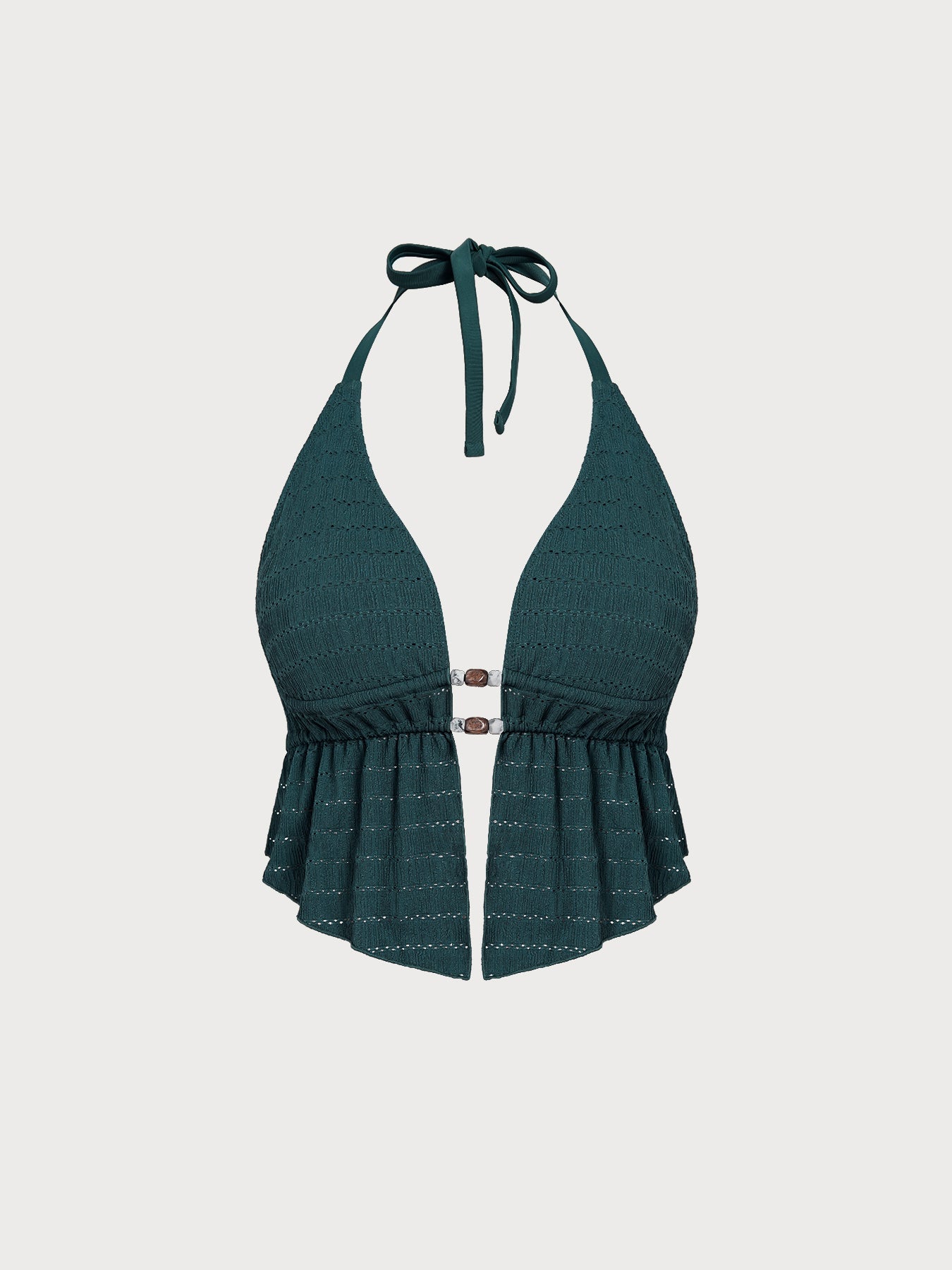 Dark Green Textured Halter Plus Size Tankini Top