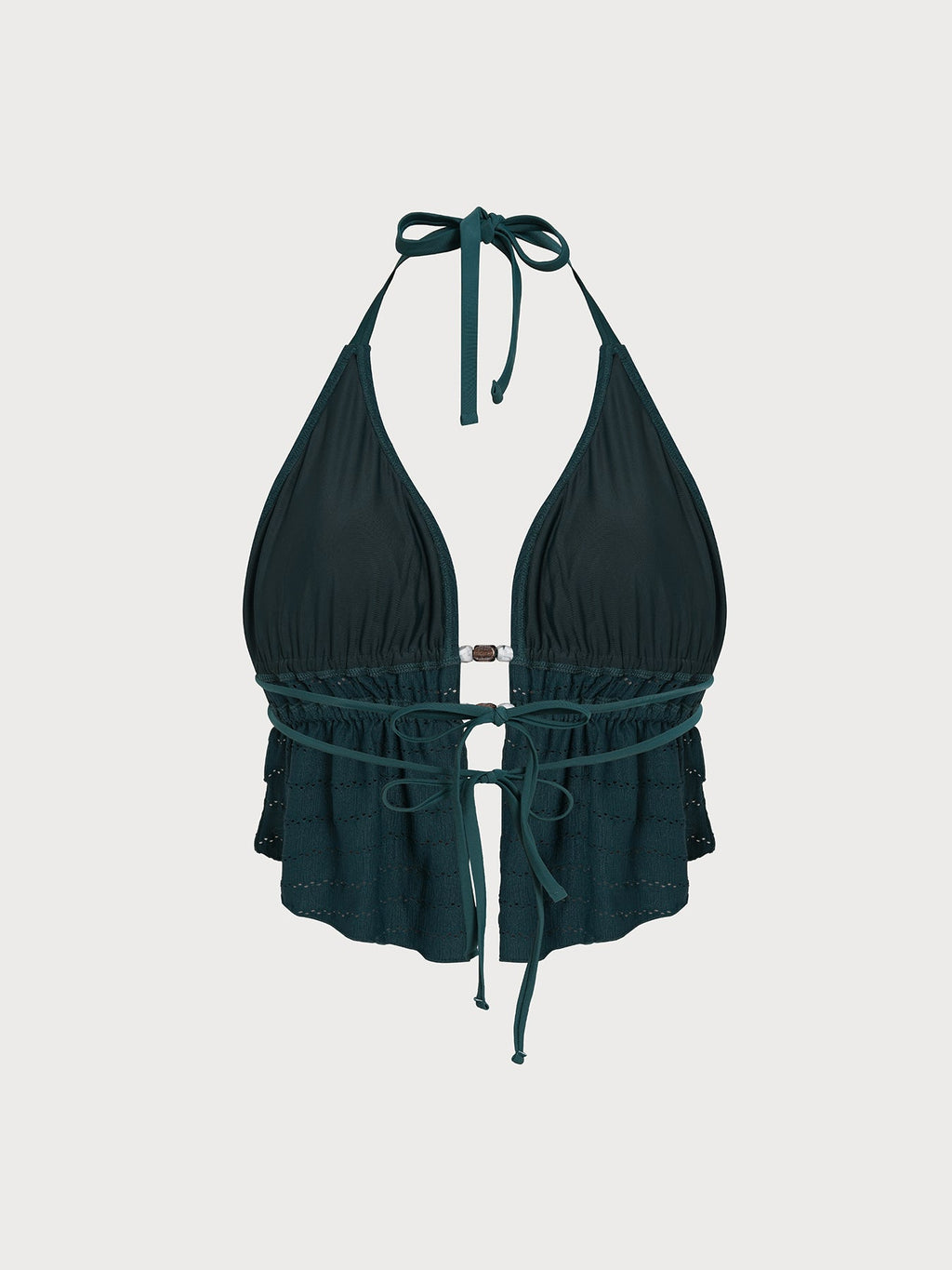Dark Green Textured Halter Plus Size Tankini Top