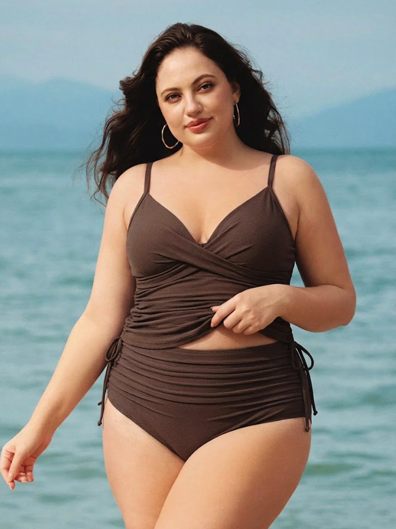 Coffee Ribbed Ruched Tie Side Plus Size Tankini Top