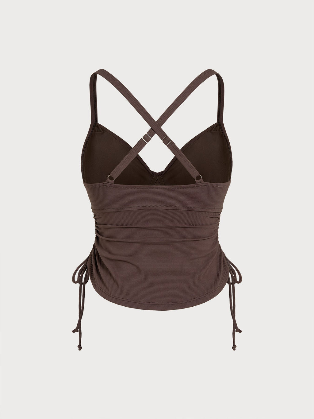 Coffee Ribbed Ruched Tie Side Plus Size Tankini Top