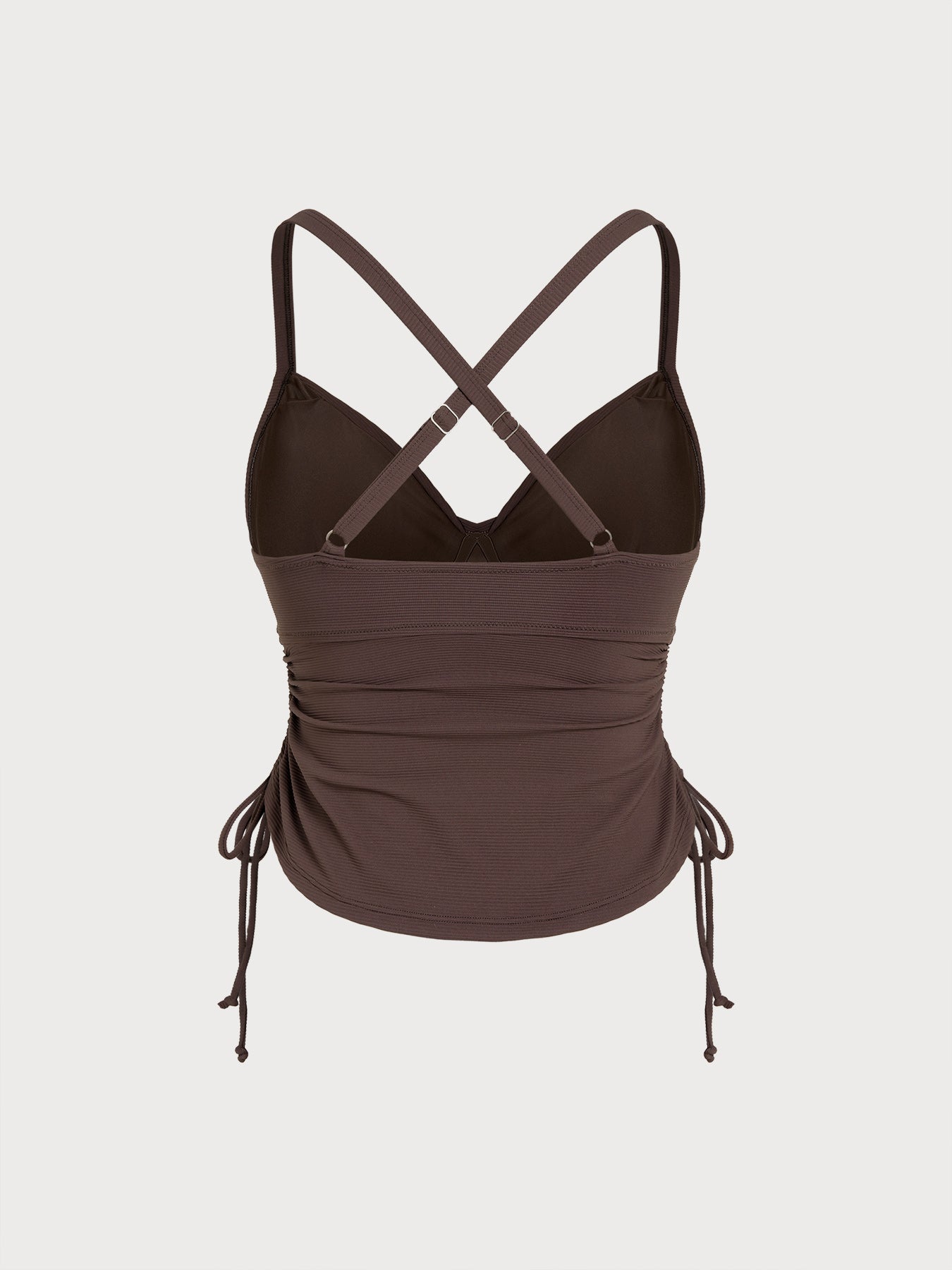 Coffee Ribbed Ruched Tie Side Plus Size Tankini Top